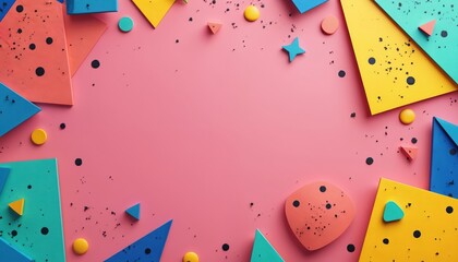 Bright festive flat lay contains colorful geometric shapes on pink surface. Backdrop suits party invitation posters, banners, cards. Design celebrates fun, pop vibe, aesthetic trend, creative mood.