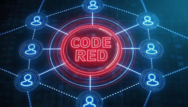 Digital Code Red: An evocative digital representation of a code red alert. Centralized communication with interconnected elements. 