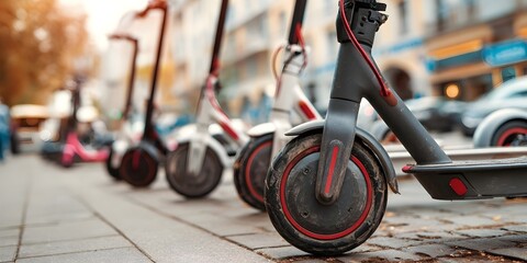 Urban row of electric scooters lined up on a city street, highlighting modern eco-friendly transportation, shared mobility services, and sustainable commuting in a vibrant metropolitan environment.