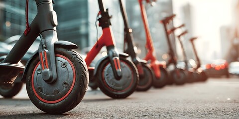 Urban row of electric scooters lined up on a city street, highlighting modern eco-friendly transportation, shared mobility services, and sustainable commuting in a vibrant metropolitan environment.