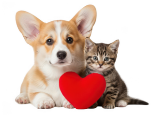 Cute puppy and kitten together with a red heart symbol isolated on transparent background