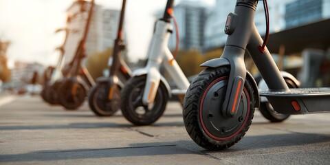 Urban row of electric scooters lined up on a city street, highlighting modern eco-friendly transportation, shared mobility services, and sustainable commuting in a vibrant metropolitan environment.