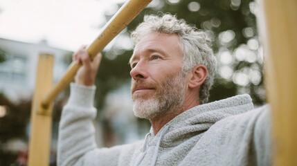 Middle-aged man with grey hair and a beard, holding onto a yellow pole. he is wearing a grey hoodie and appears to be looking up at the sky with a thoughtful expression on his face.