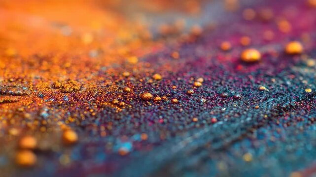 Colorful macro abstract texture showcasing vibrant droplets and sparkling particles on a dark background