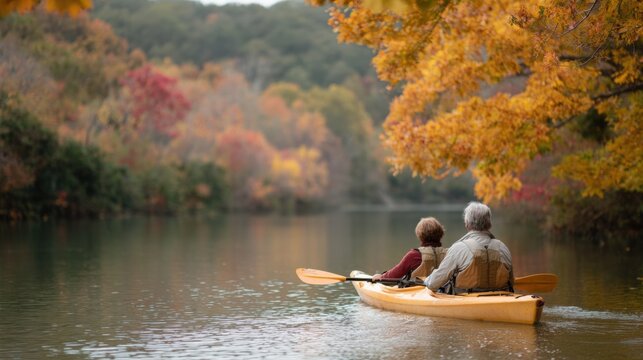 Elderly couple kayaking on a lake during autumn. the lake is surrounded by trees with vibrant shades of orange, yellow, and red, indicating that the photo was taken during the fall season. - Powered by Adobe