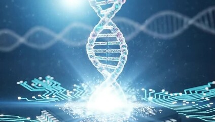 DNA double helix structure over a computer chip, representing genetic engineering and biotechnology. - Powered by Adobe