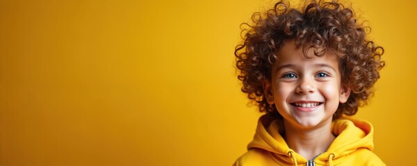 Young kid wears yellow jacket and smiles. Boy with curly hair poses against matching backdrop. Happy child with bright cheerful expression looks at camera with joy.