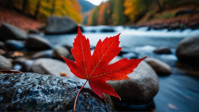 Video A single red leaf sits atop a rock beside a serene river