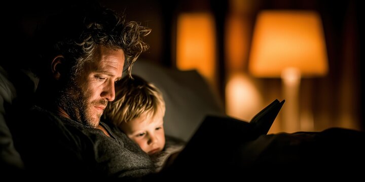 Cozy father reading bedtime story book to young son under warm night lamp.

 - Powered by Adobe
