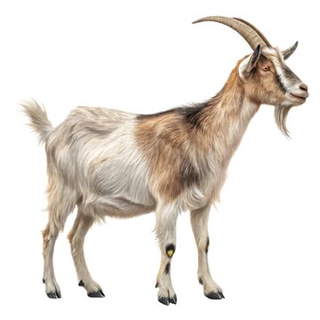 A full body side view of a domestic goat with light brown and white patchy fur standing on a white background