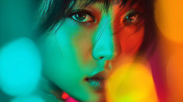 Woman posing under vibrant neon lights with bokeh