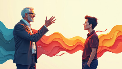 Experienced mentor guides young pro with energetic gestures, focused attention. Illustration leadership coaching, career development, inspiration, growth. Ideal for business articles motivational