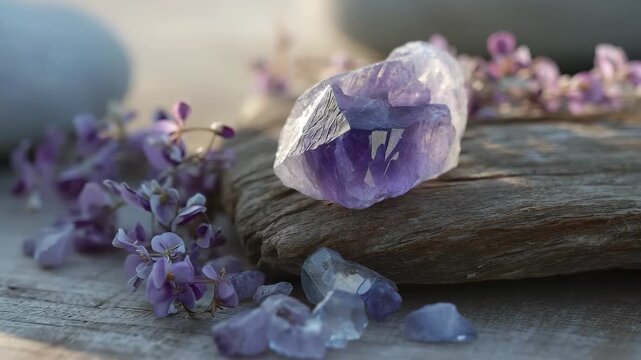 Calm and peaceful arrangement of amethyst crystals surrounded by delicate flowers on a wooden surface