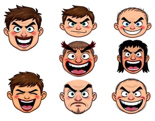 Variety of Cartoon Faces Expressing Different Emotions and Reactions in Colorful Style