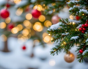 Close Up of Christmas Tree Branches Decorated with Ornaments and Soft Focus Bokeh Lights