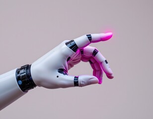 Close-Up Image of a Mechanical Robot Hand with Violet Light Enhancements on Elegant Background