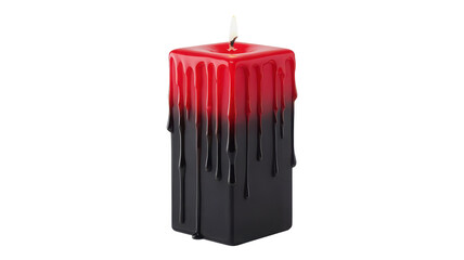 Burning square pillar candle with red dripping wax on black base, isolated on white background