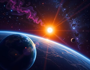 Obraz premium Stunning Cosmic View of Earth with Sun Rising Over the Horizon in a Vivid Galactic Space