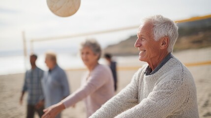 Elderly man sitting on a bench on a beach, playing volleyball. he is wearing a gray sweater and has a big smile on his face. in front of him, there is a volleyball net set up on the sand.