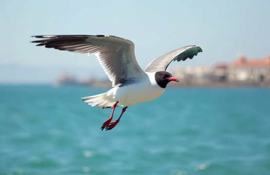 Seagull bird flies over sea water with wings spread. White bird with black head and red legs soars in air above blue ocean. Coastal town blurred in background. - Powered by Adobe