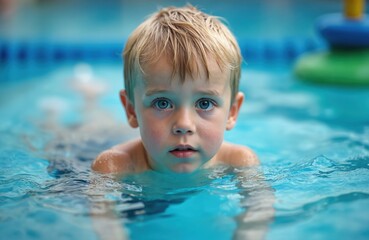 Young boy with blue eyes swims in a clear blue pool. He looks forward with a curious expression. Water splashes around his shoulders and head. A green and blue pool toy is visible in the background.
