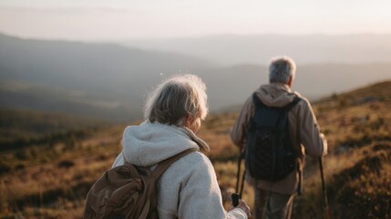 Elderly couple hiking on a hilltop. they are both wearing backpacks and holding trekking poles. the woman is wearing a gray jacket and has a backpack on her back.