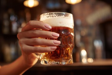 Woman's hand holding a frosty mug of beer with foam in a dimly lit bar, enjoying an alcoholic beverage at the pub, with soft lighting and blurred background.