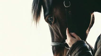 Video A person gently petting the nose of a horse while wearing a bridle