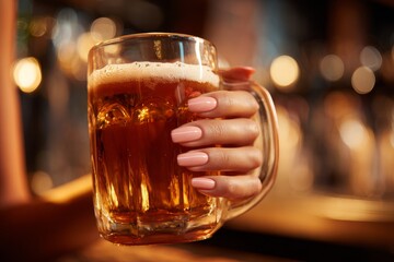 Close-up of a woman's hand holding a refreshing glass of beer with a foamy top, set against a blurred background of bar lights, creating a warm ambiance.