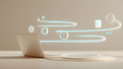 Minimalist desk scene with laptop and floating holographic productivity icons, task automation visuals, AI-generated workflow pathways, soft tech glow, neutral background, calm professional tone
