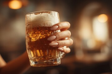 Close-up of a woman's hand holding a glass mug full of beer, with a creamy white foam, creating a warm and inviting atmosphere in a blurry background.