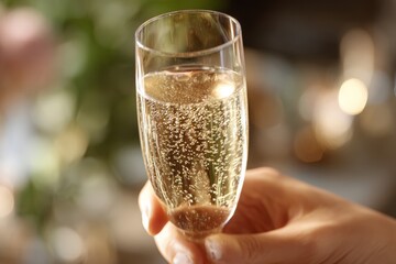 Close-up of a hand holding a glass of sparkling wine, filled with golden bubbles, with a blurred background showing a festive celebration and warm lighting for happy event.