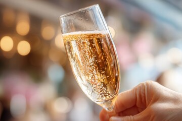A hand holds a glass of sparkling champagne, the bubbles rising elegantly, with a blurred background of celebratory lights and soft colors, evoking a festive mood.