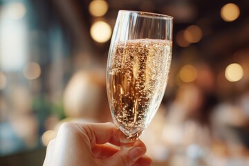 Close-up of a hand holding a sparkling champagne flute with rising bubbles, celebrating a special occasion or toasting to new beginnings, with soft bokeh lights in background.