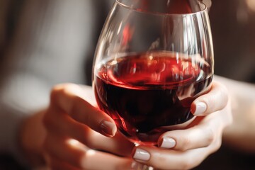 Close-up of a woman's hands holding a glass of red wine, showcasing its rich color and clarity, creating an inviting and elegant atmosphere for relaxation.