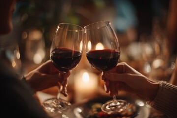 A close-up of two wine glasses filled with red wine, held by people in soft focus, celebrating a special occasion in a dimly lit, romantic setting with a candle.
