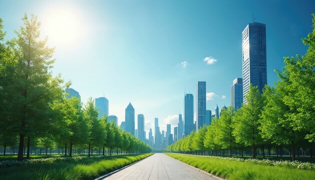 Lush green park pathway leads to modern city skyline with tall skyscrapers under bright sun. Trees line walkway, presenting urban nature balance. Blue sky clear day. - Powered by Adobe