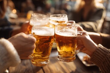 Friends clinking beer glasses at a pub, celebrating friendship with a golden beverage, creating a cheerful and celebratory atmosphere, a memorable moment of conviviality.
