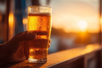 Refreshing golden beer in a tall glass with condensation held against a warm, vibrant sunset background, evoking relaxation and summertime enjoyment.