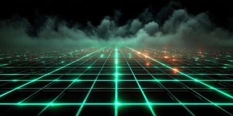 Retro futuristic green neon grid landscape with fog for synthwave background.

