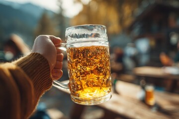 Holding a refreshing beer mug in an outdoor setting with beautiful bokeh background, perfect for a celebratory toast and enjoying the convivial atmosphere with friends.