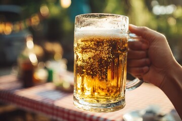 Refreshing mug of beer held in hand at outdoor picnic table, embodying relaxation with checkered tablecloth and green backdrop, offering golden bubbles.