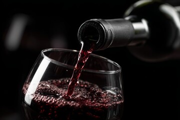 Pouring a rich red wine from a bottle into a glass, creating a vibrant swirl and frothy bubbles against a dark background, hinting at indulgence and sophistication.