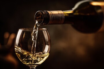 Pouring a refreshing glass of white wine from a dark bottle, capturing the liquid stream and the bubbling wine, with a blurred background creating a refined atmosphere.