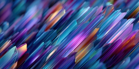 Abstract iridescent crystal shards with sharp geometric angles for modern digital background.

