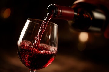 Pouring rich red wine into a glass, capturing the elegance and aroma of the beverage, creating a sophisticated and inviting atmosphere for celebration.