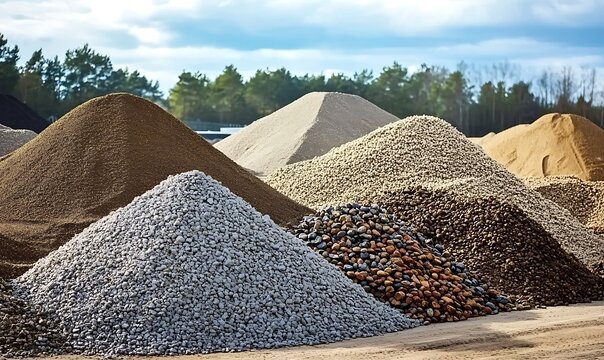 Different sizes of gravel aggregate construction material stockpiles outdoors