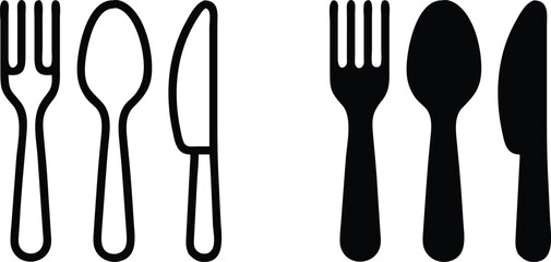 Set Of Kitchen Restaurant Cutlery Fork Spoon And Knife Outline And Solid Icons For Eating Vector Silhouette and Pictogram.eps