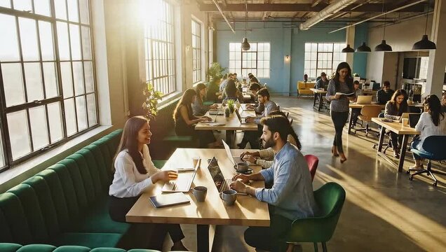 Modern Office Space with People Working and Collaborating Together.