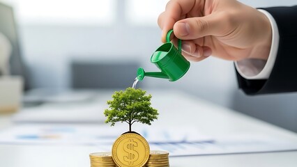 Businessman watering a tree growing on a stack of gold coins, investment concept